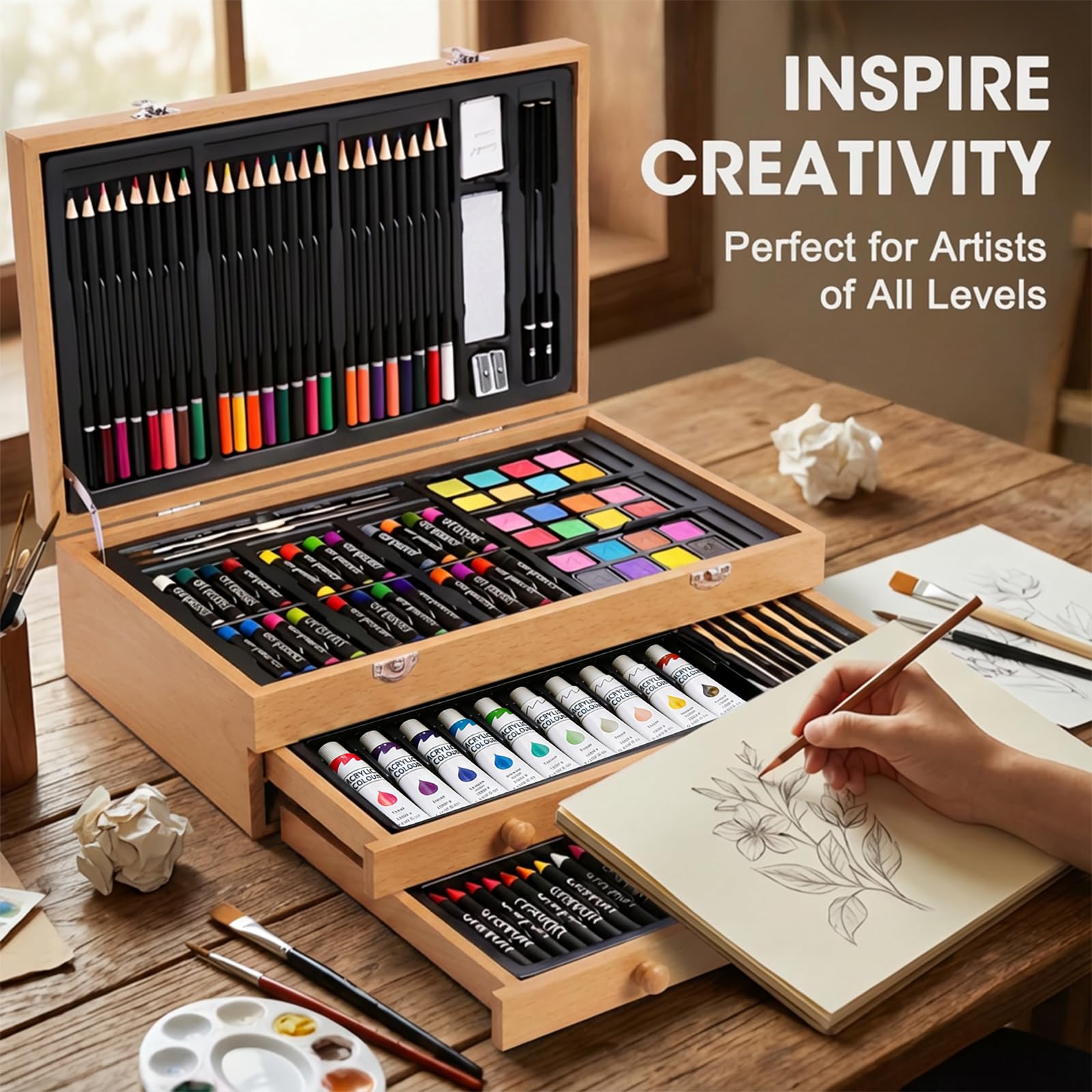 175 Piece Deluxe Art Set with 2 Drawing Pads, Acrylic Paints